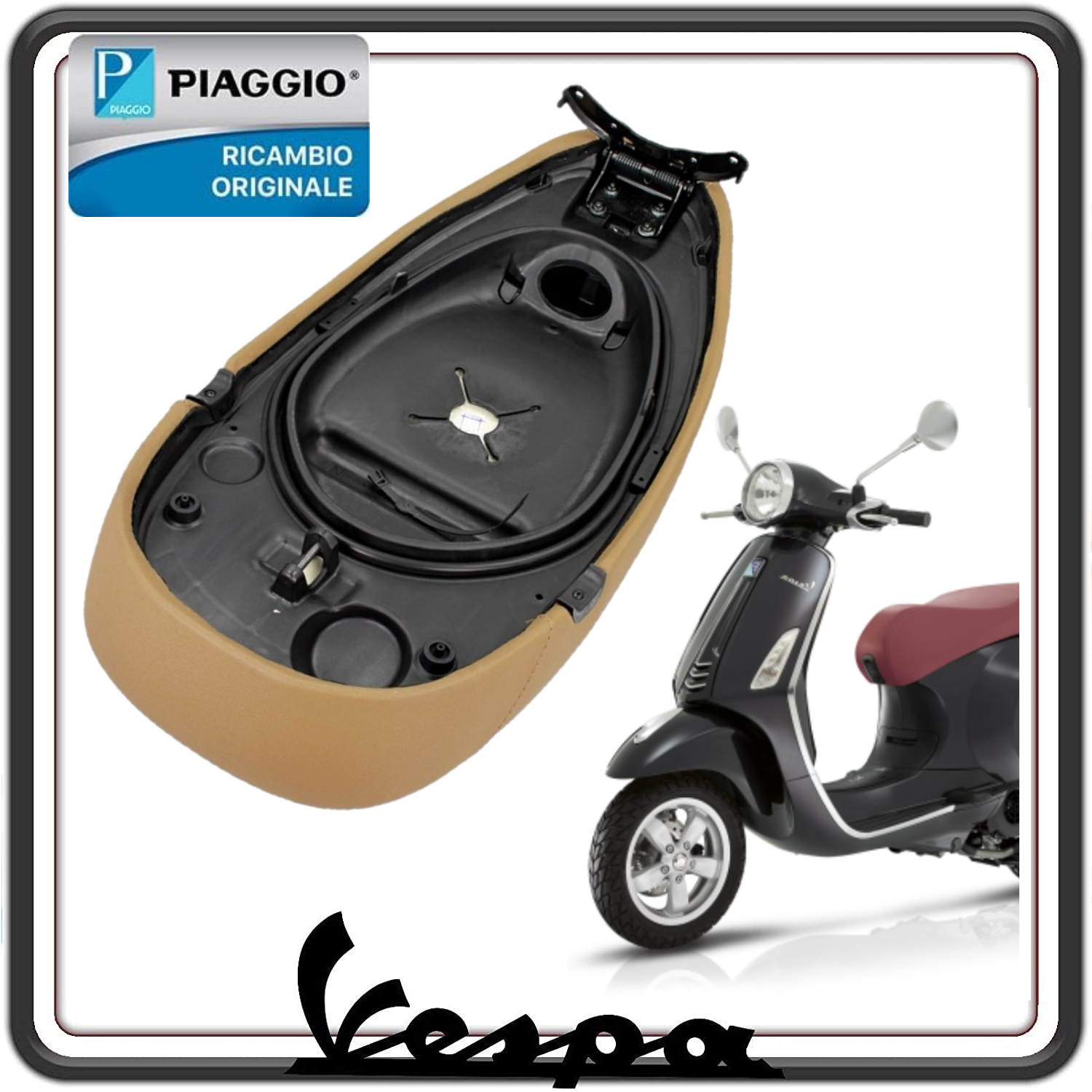 SELLA SEDILE MARRONE CHIARO COMPLETA DI CERNIERA PER PIAGGIO VESPA PRIMAVERA 125 DAL 2016 AL 2023 - VESPA PRIMAVERA 150 DAL 2016 AL 2023 ORIGINALE PIAGGIO 1B005212000C9