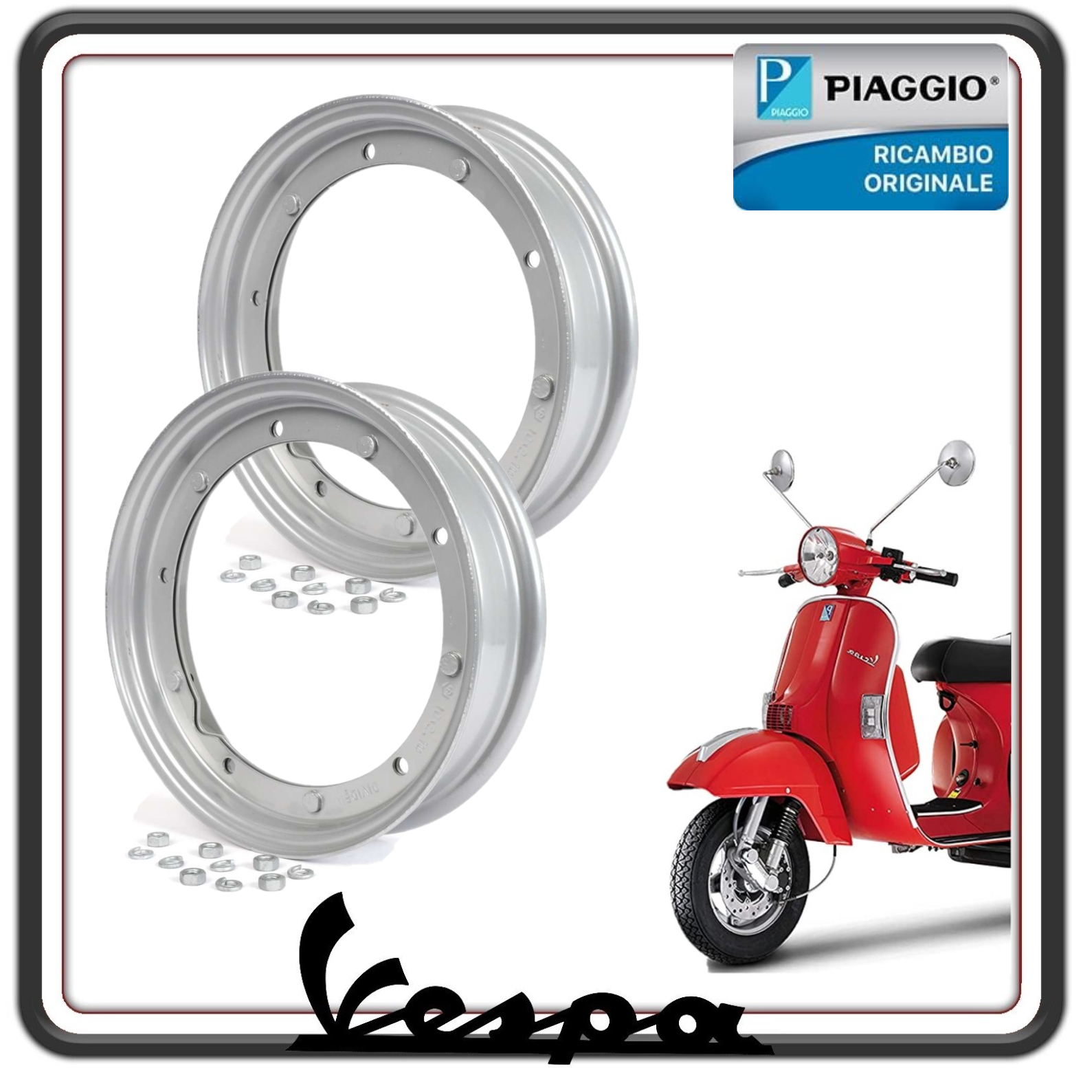 KIT 2 CERCHI CERCHIONI COMPLETI PER PNEUMATICI DA 10 POLLICI 3.00-10 / 3.50-10 PER PIAGGIO VESPA 50 SPECIAL - VESPA PK - VESPA PX ORIGINALE PIAGGIO 0846315