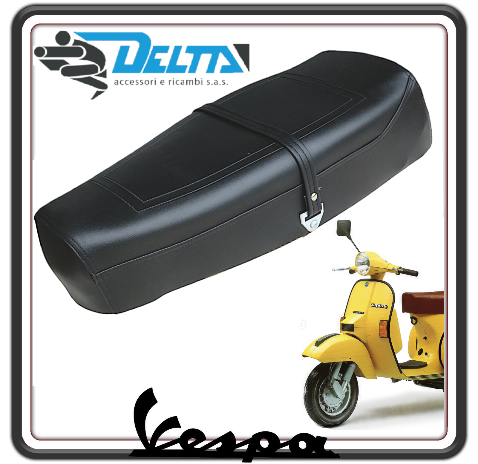 SELLA SELLONE SEDILE LUNGO NERO BIPOSTO CON FONDO CON MOLLE PER PIAGGIO VESPA PX 125-150-200 - ARCOBALENO DAL 1984 IN POI