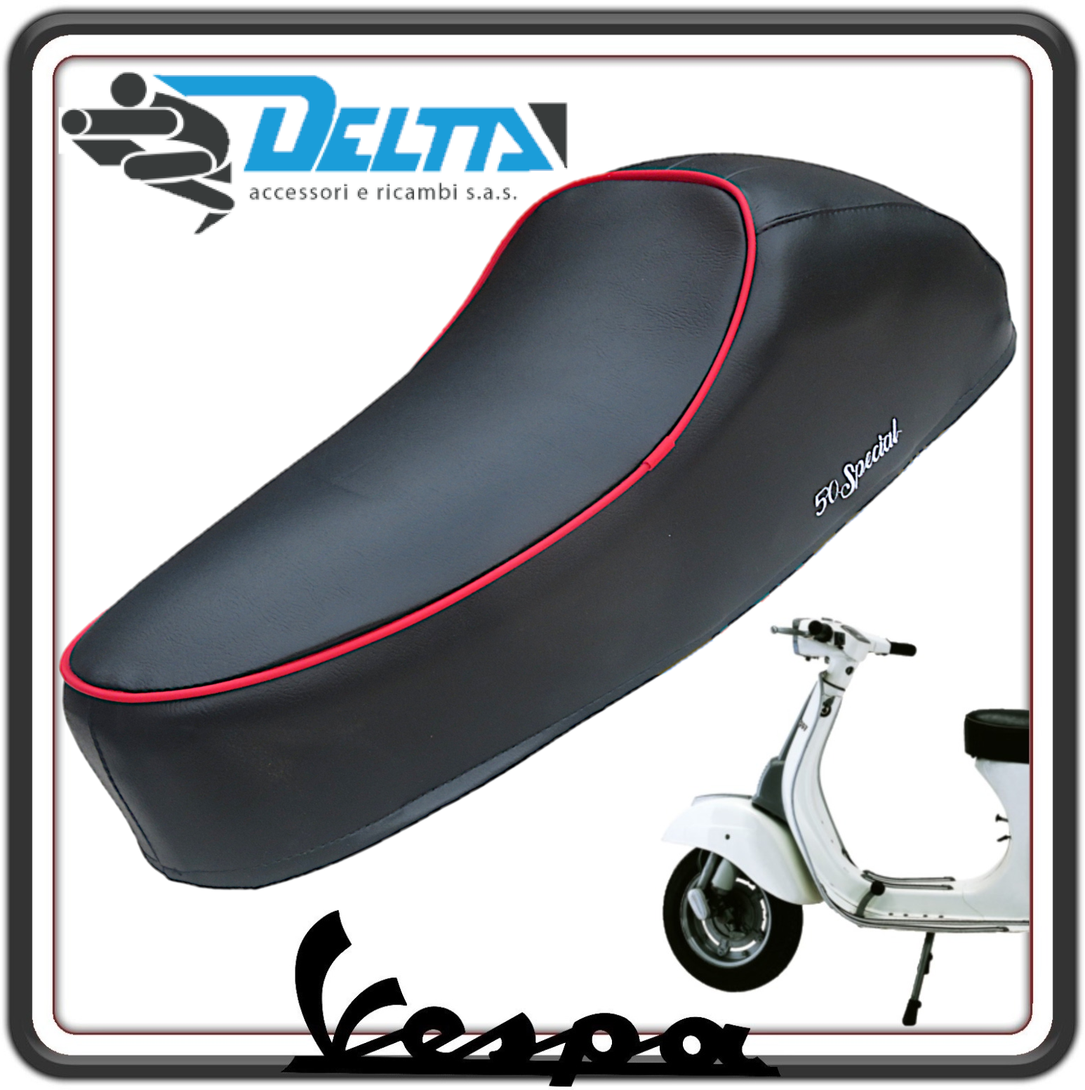 SELLA SELLONE SEDILE NERO E ROSSO CON GOBBA E APERTURA CON LEVETTA PER PIAGGIO VESPA 50 SPECIAL