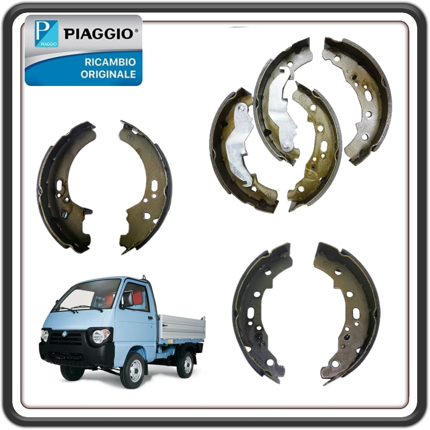 KIT IMPIANTO FRENANTE COMPLETO GANASCE ANTERIORI E GANASCE POSTERIORI PER PIAGGIO APE POKER BENZINA E DIESEL TUTTI I MODELLI - PIAGGIO QUARGO MODELLO FRENO A TAMBURO ORIGINALE PIAGGIO 2681615 - 2681605