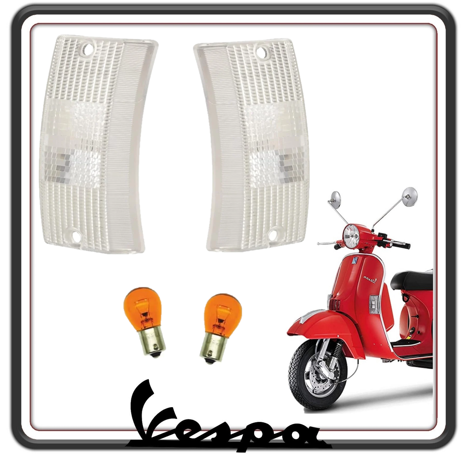 KIT COPPIA DUE GEMMA GEMME PLASTICA VETRINO FRECCIA FRECCE ANTERIORI BIANCHE COMPLETE DI LAMPADINE PER VESPA PX 125 150 200 - VESPA ARCOBALENO