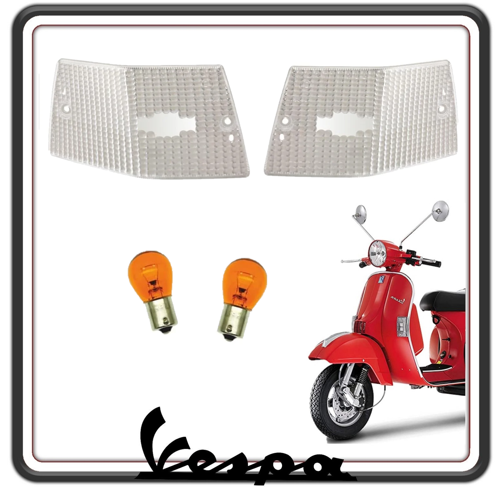 KIT COPPIA DUE GEMMA GEMME PLASTICA VETRINO FRECCIA POSTERIORI BIANCHE COMPLETO DI LAMPADINE PER VESPA PX 125 150 200 - VESPA ARCOBALENO