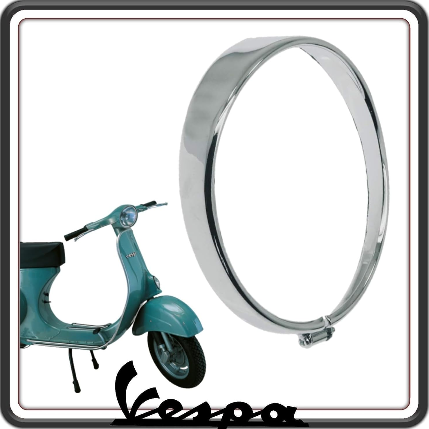 CORNICE GHIERA FARO FANALE PROIETTORE GRUPPO OTTICO ANTERIORE IN FERRO CROMATA Ø mm.105 COMPATIBILE PER VESPA 50 FARO TONDO (63-71) - VESPA 50R (70-83) - VESPA 50S (63-78) - VESPA 50L (66-70).