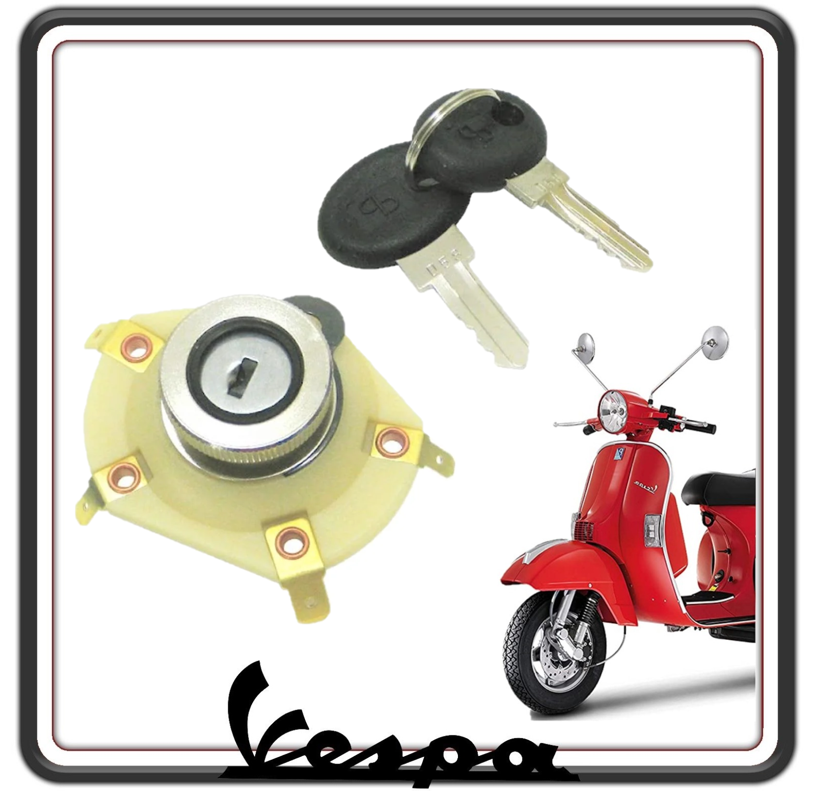KIT SERRATURA QUADRO AVVIAMENTO ACCENSIONE SELETTORE COMPLETO DI 2 CHIAVI COMPATIBILE PER PIAGGIO VESPA PX PRIMA SERIE.