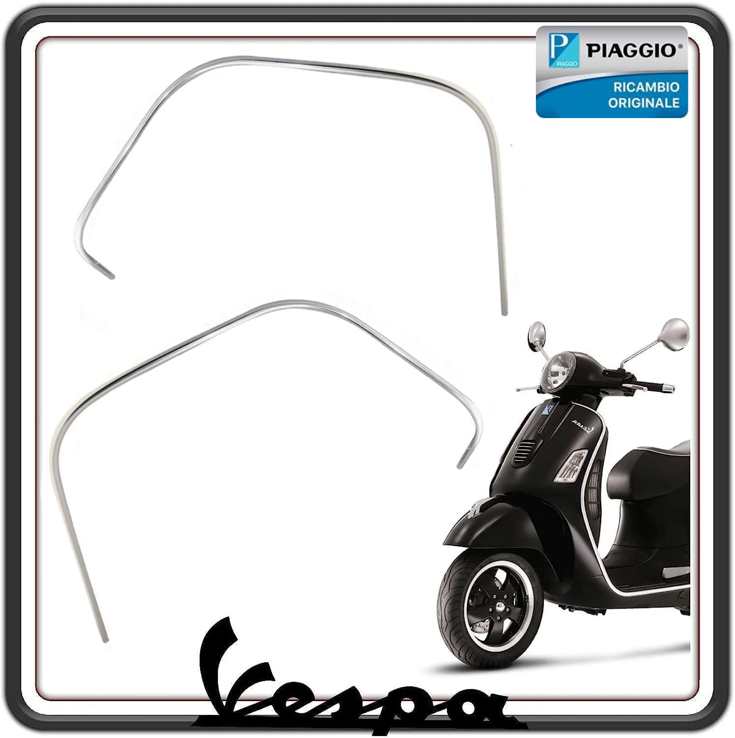 KIT COPPIA DUE BORDO BORDINO BORDINI PROTEZIONE SCUDO CROMATI LATO SINISTRO E DESTRO PER PIAGGIO VESPA GTS 125 200 250 300 - VESPA GTV 125 200 250 300 - VESPA GT 125 200 250 300 ORIGINALE PIAGGIO 577181-577180