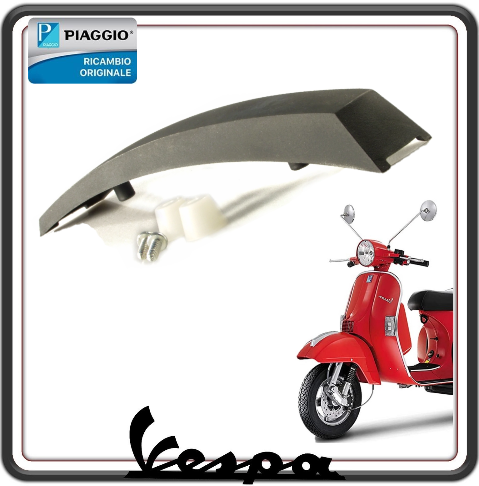 CRESTA PARAFANGO IN PLASTICA GRIGIO SCURO COMPLETA DI BUSSOLE E VITI DI FISSAGGIO PER PIAGGIO VESPA PX 125-150 - 200 - PX ARCOBALENO TUTTI I MODELLI DAL 1981 AL 1997 ORIGINALE PIAGGIO 198399