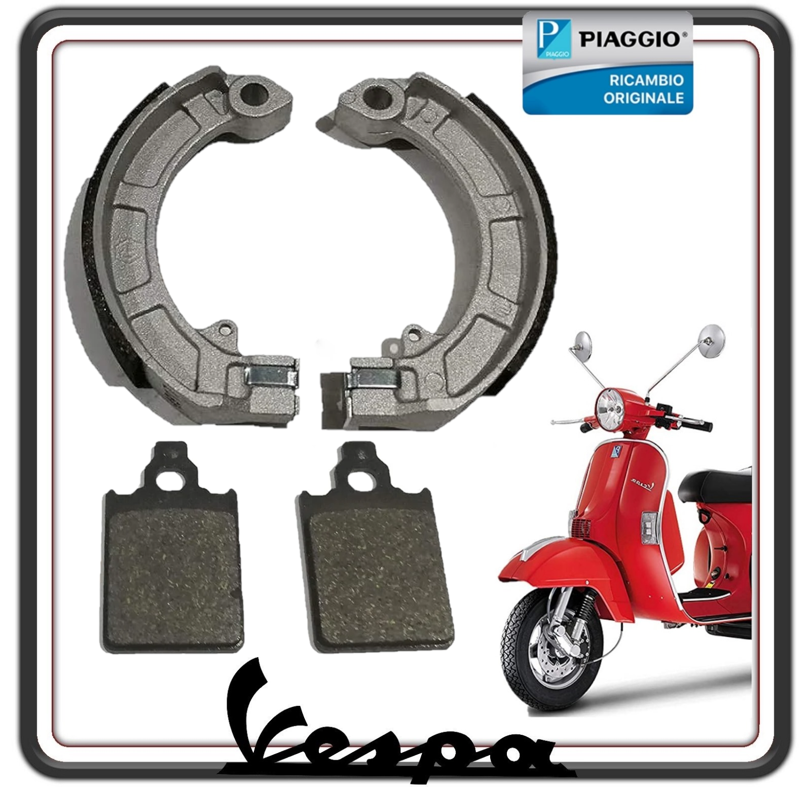 KIT PASTIGLIE FRENO ANTERIORI + GANASCE FRENO POSTERIORI VESPA PX FRENO A DISCO ORIGINALE PIAGGIO
