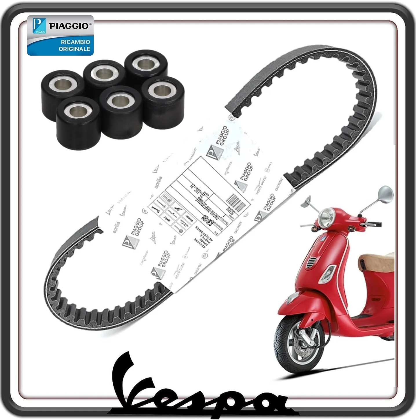 CINGHIA CINTURA TRASMISSIONE DISTRIBUZIONE ORIGINALE PER PIAGGIO VESPA ET2 50 DAL 1998 AL 2005 - VESPA LX 4T 50 (2005-2008) - PIAGGIO ZIP 4T 50 (2000-2014) COMPLETA DI 6 RULLI ORIGINALE PIAGGIO 830488+CM1102025