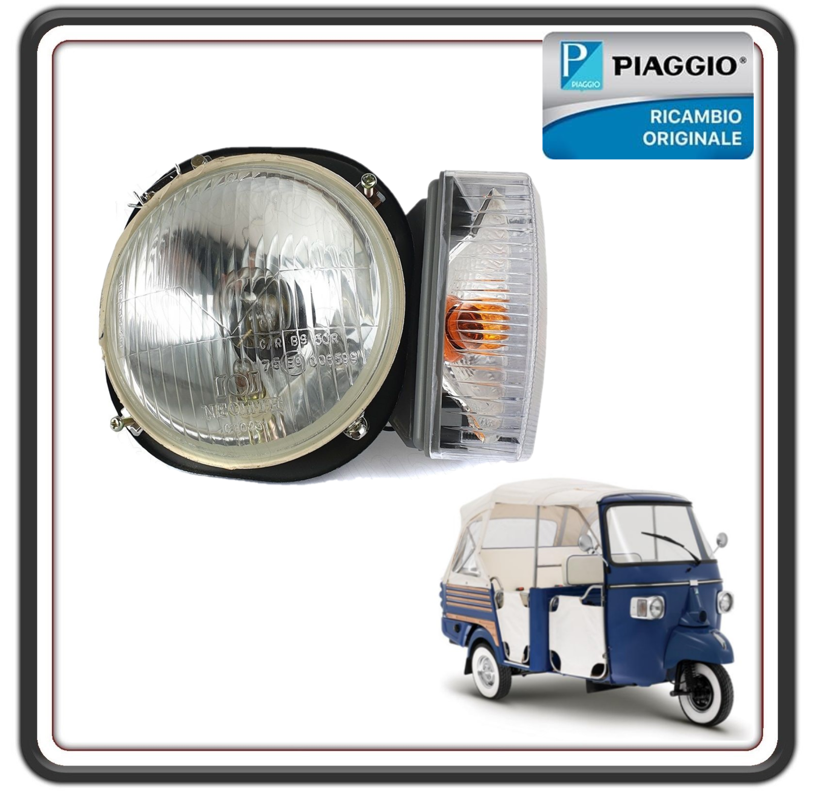 FANALE FARO ANTERIORE SINISTRO COMPLETO DI INDICATORE FRECCIA PER PIAGGIO APE CALESSINO DIESEL 420 DAL 2007 AL 2012 - APE CALESSINO 200 BENZINA DAL 2013 AL 2017 - APE CLASSIC 400 DAL 2014 AL 2017 - APE 601 DIESEL DAL 2006 AL 2013 ORIGINALE PIAGGIO 632478R