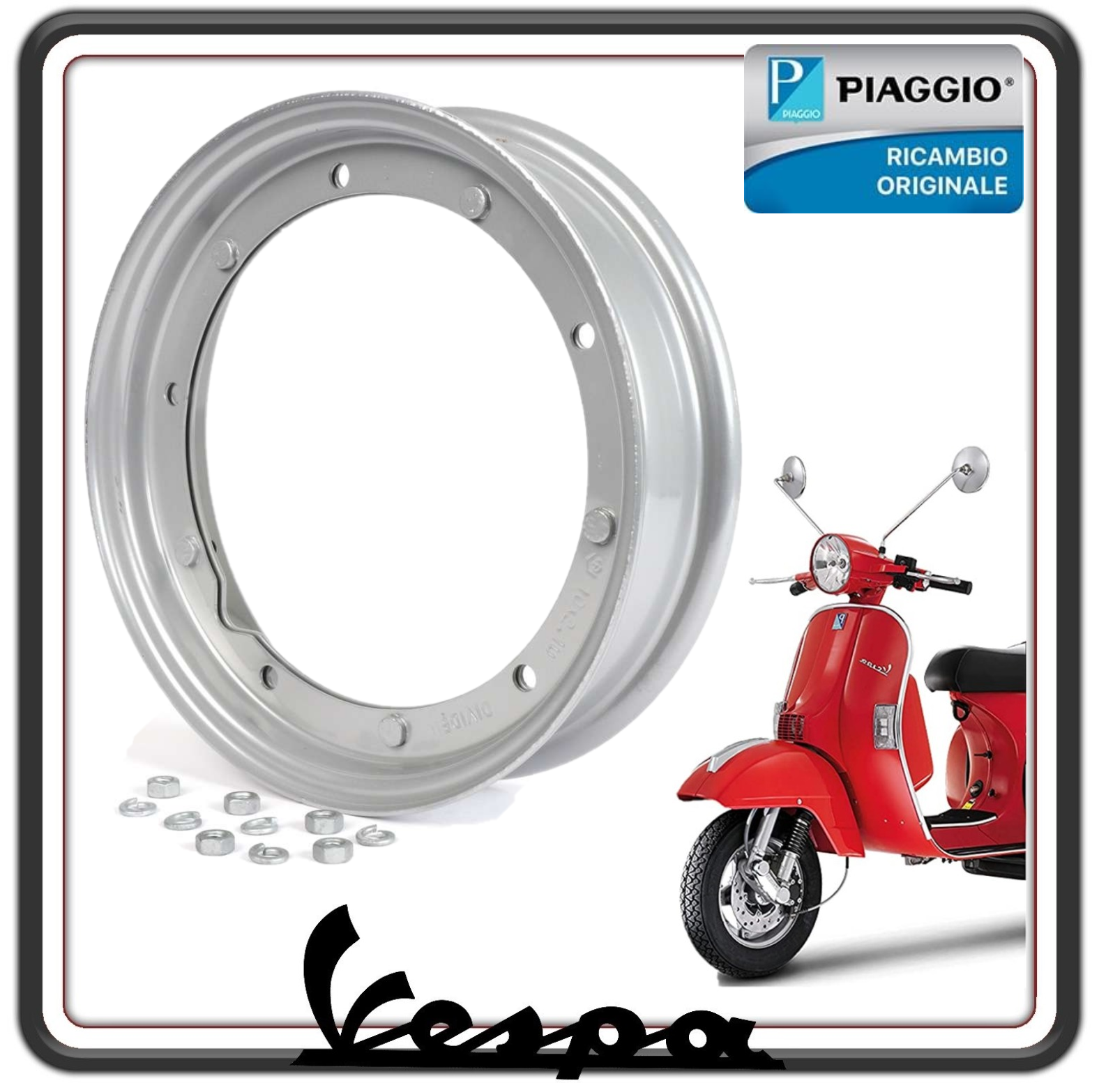 CERCHIO CERCHIONE COMPLETO PER PNEUMATICI DA 10 POLLICI 3.00-10 / 3.50-10 PER PIAGGIO VESPA 50 SPECIAL - VESPA PK - VESPA PX ORIGINALE PIAGGIO 0846315 