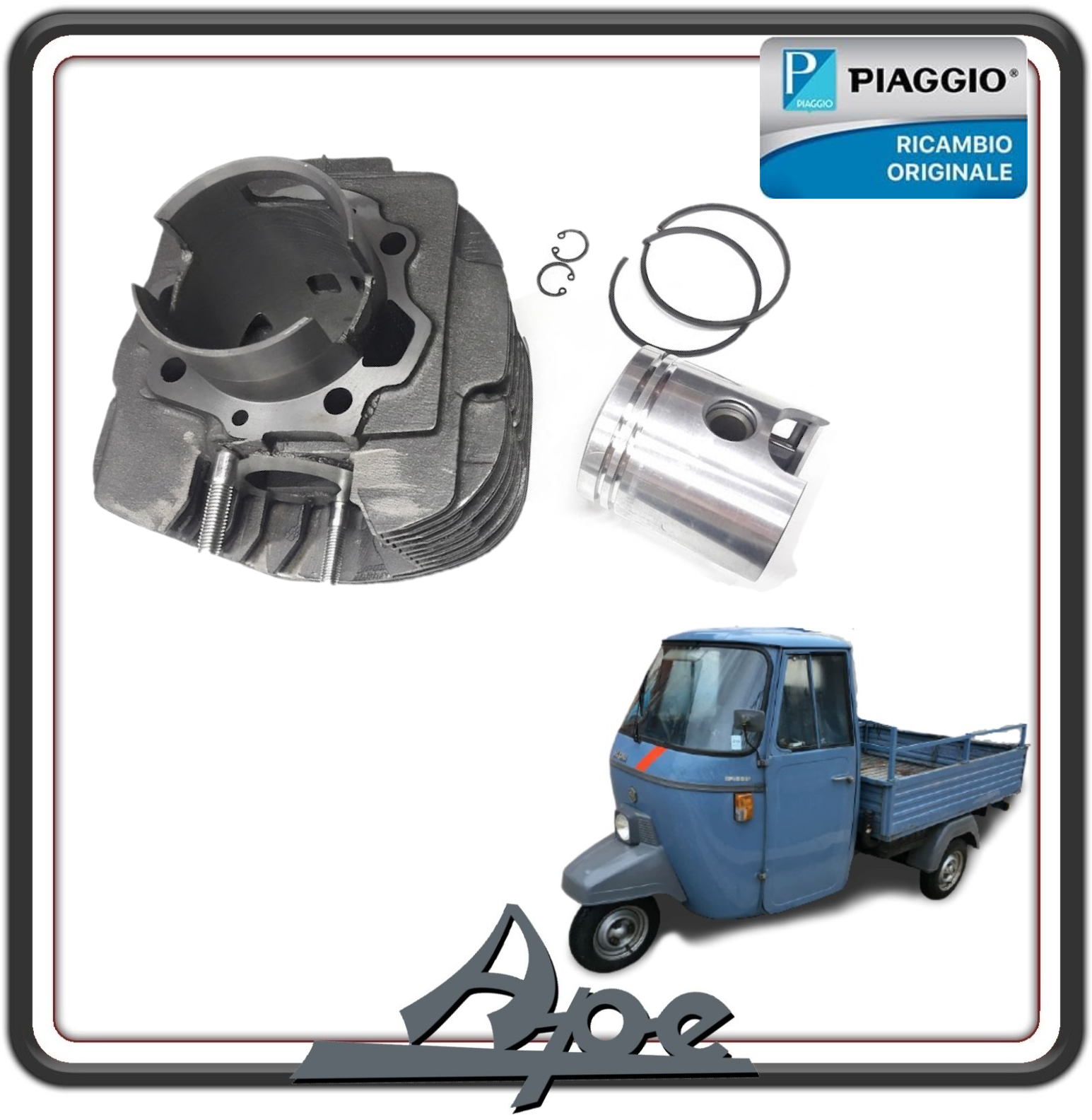 GRUPPO TERMICO CILINDRO E PISTONE COMPLETO DI FASCE ELASTICHE E SPINOTTO 18  PER PIAGGIO APE MP 601-501 DAL 1978 AL 1996 ORIGINALE PIAGGIO 2431175