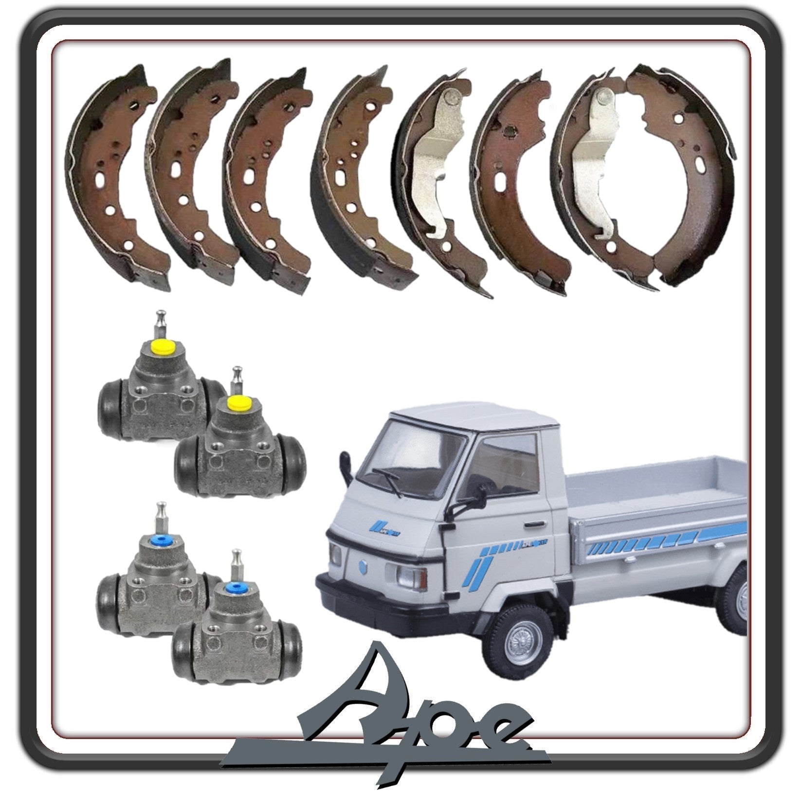 KIT GANASCE FRENO ANTERIORI E POSTERIORI COMPLETO DI 4 CILINDRETTI PER PIAGGIO APE POKER BENZINA E DIESEL TUTTI I MODELLI - PIAGGIO QUARGO DIESEL CON FRENO A TAMBURO