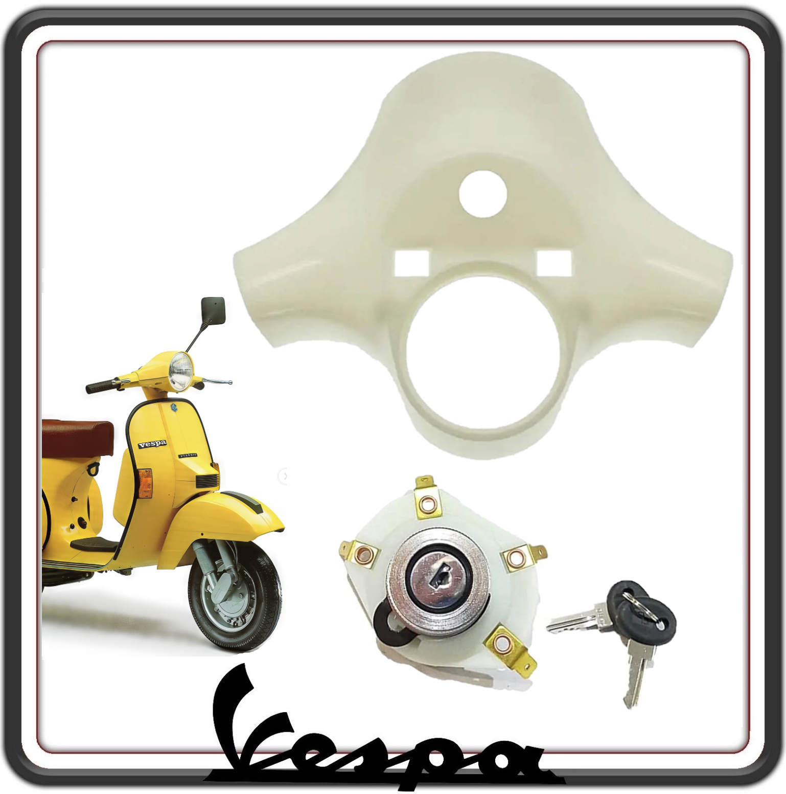 COPRIMANUBRIO COPRI MANUBRIO COPERCHIO MANUBRIO GREZZO COMPATIBILE CON PIAGGIO VESPA PX - PE PRIMA SERIE 3 FORI COMPLETO DI QUADRO CHIAVE SERRATURA
