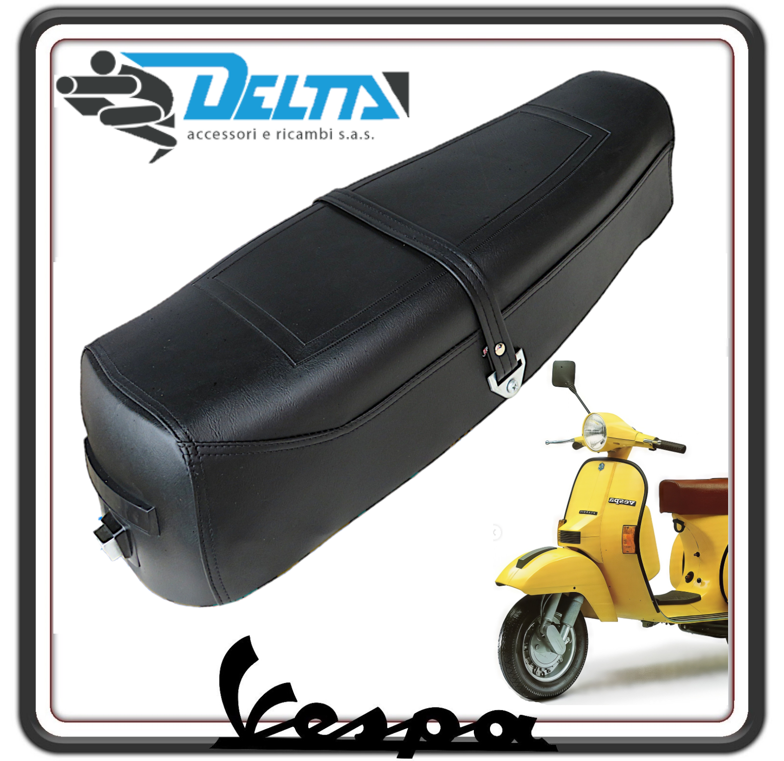 SELLA SELLONE SEDILE LUNGO NERO BIPOSTO CON FONDO CON MOLLE PER PIAGGIO VESPA PX 125-150-200 - ARCOBALENO DAL 1984 IN POI