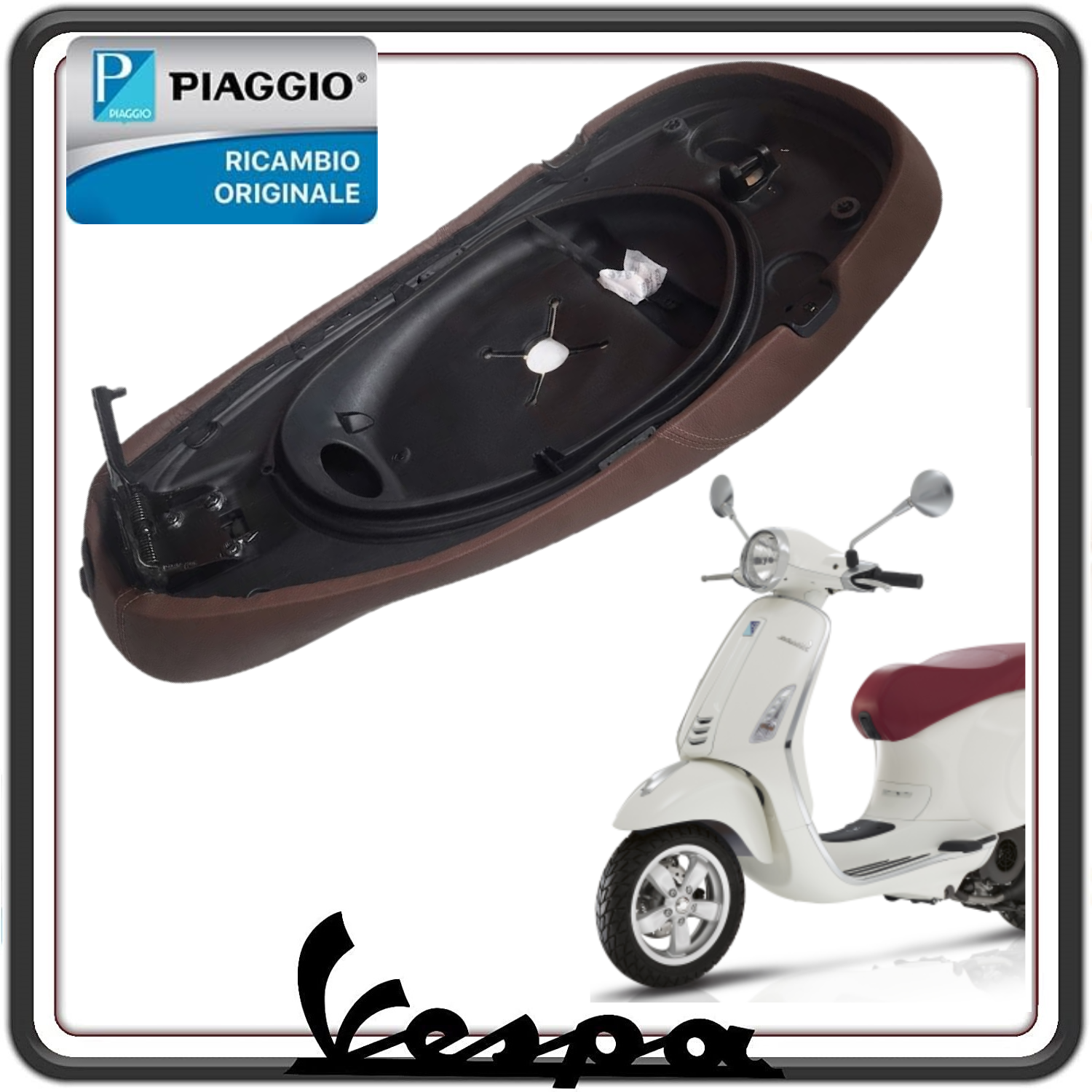 SELLA SEDILE MARRONE SCURO COMPLETA DI CERNIERA PER PIAGGIO VESPA PRIMAVERA 125 DAL 2016 AL 2023 - VESPA PRIMAVERA 150 DAL 2016 AL 2023 ORIGINALE PIAGGIO 67363300D1 