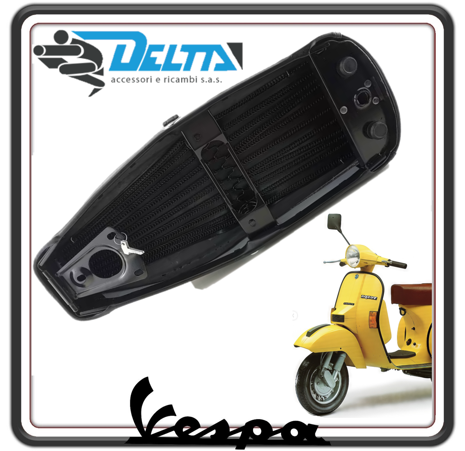 SELLA SELLONE SEDILE LUNGO NERO BIPOSTO CON SEDE TARGHETTA E FONDO CON MOLLE PER PIAGGIO VESPA PX 125-150-200 1° SERIE FINO AL 1983
