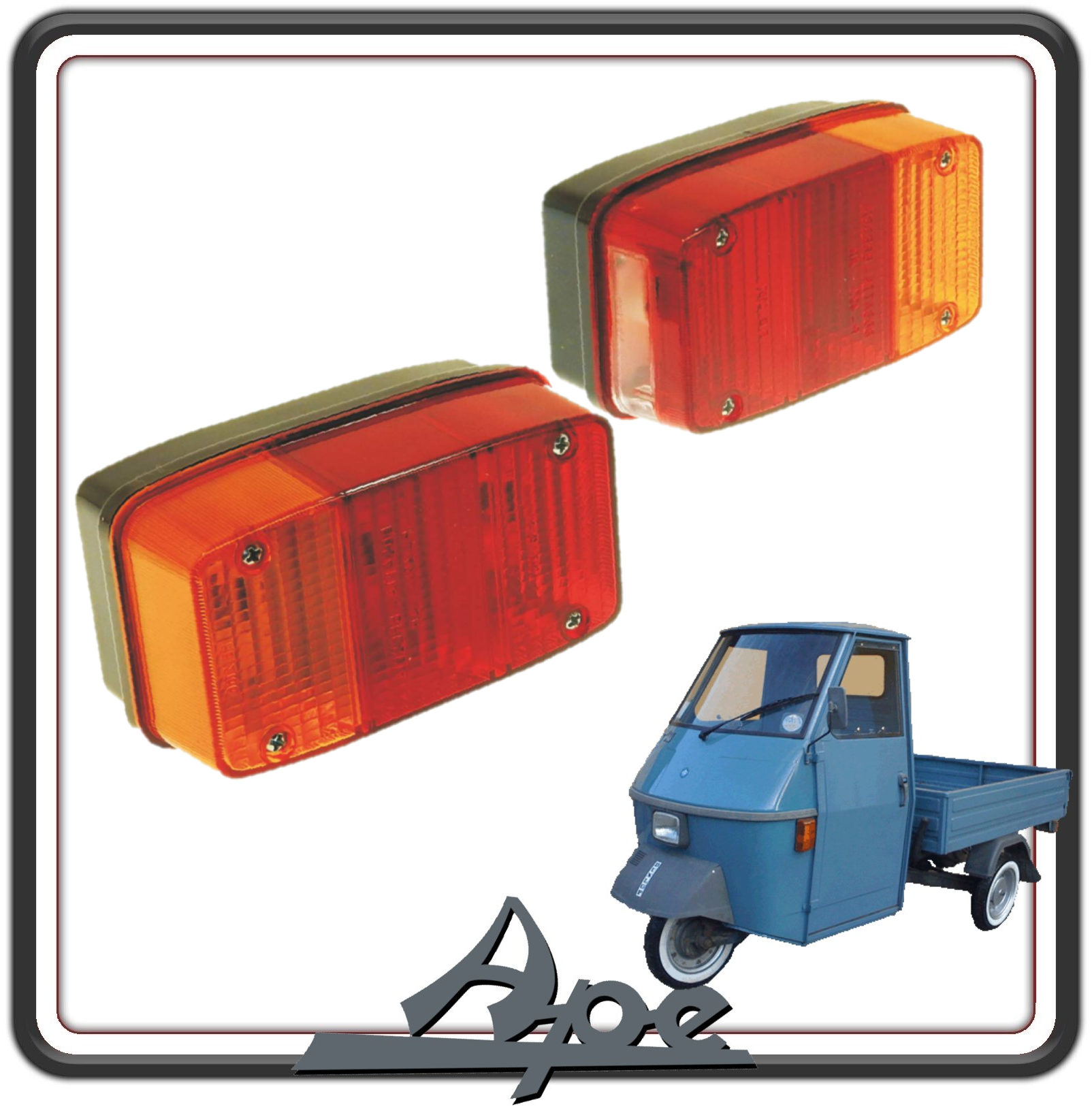 KIT COPPIA FANALI POSTERIORI COMPLETI COMPATIBILI PER PIAGGIO APE P 50 ELESTART (dal ‘84) - APE TM P50 DALL'1985 IN POI -APE CAR DAL 1964 AL 1967 -CAR P2 DAL 1967 AL 1974 - APE 400-400R-P401-P501-P601-P601V-MP 500-600-MPV 600