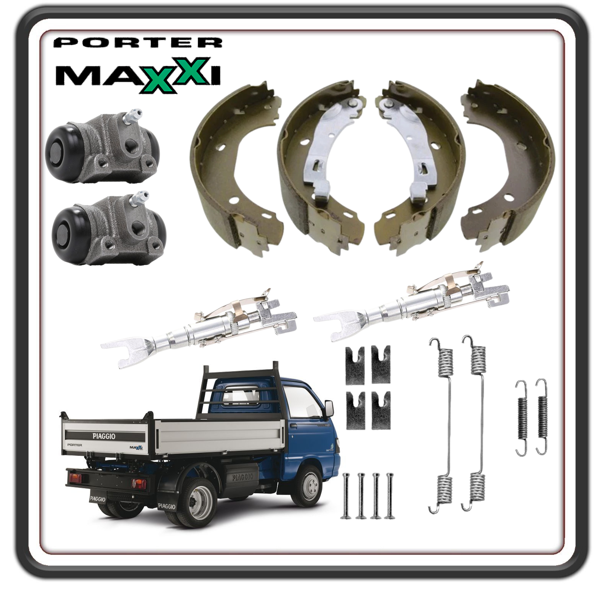 KIT GANASCE FRENO POSTERIORI PER PIAGGIO PORTER MAXXI COMPLETO DI CILINDRETTI REGISTRI AUTOREGOLAZIONE E MOLLE