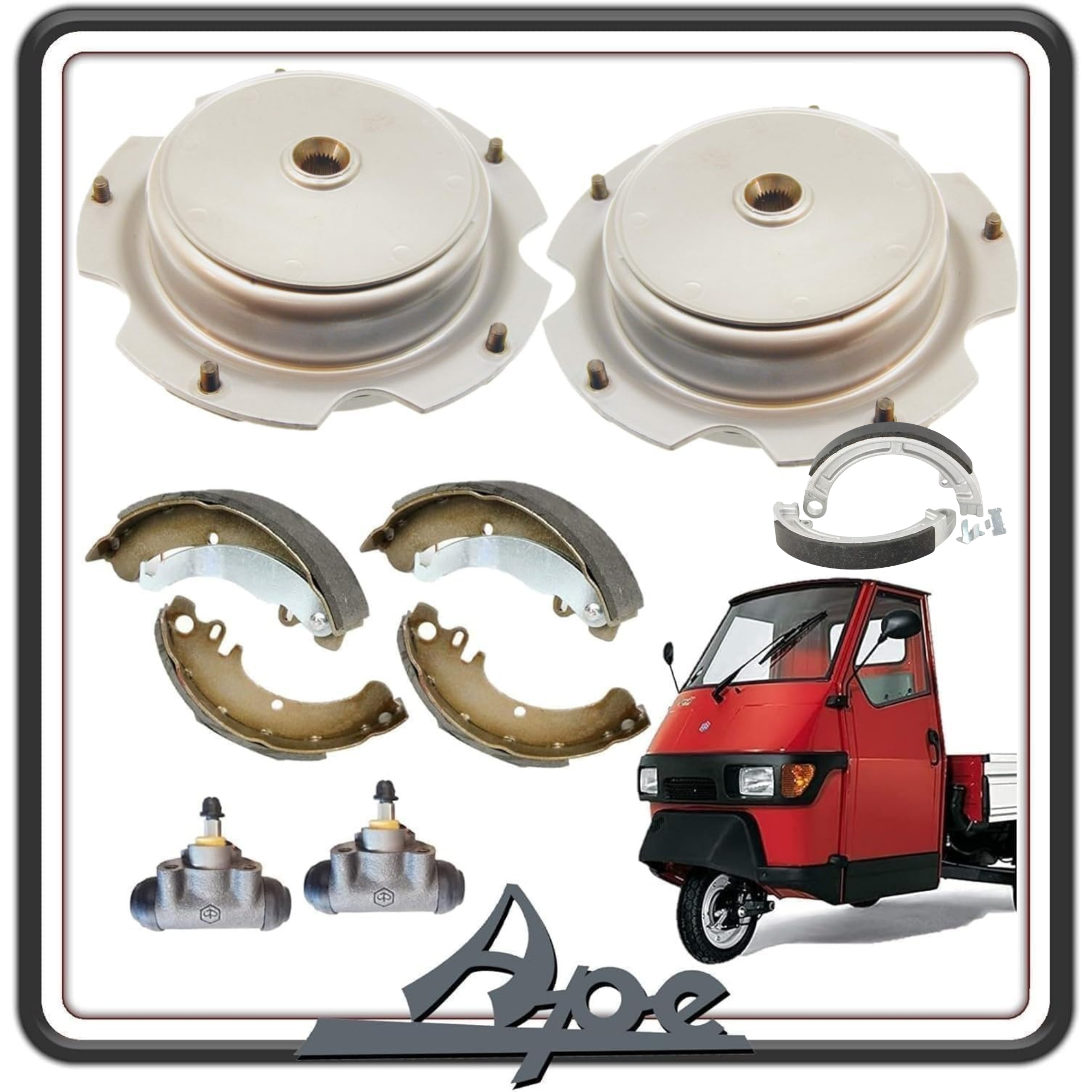 KIT 2 TAMBURO TAMBURI FRENO COMPLETO DI GANASCE FRENO E 2 CILINDRETTI PER PIAGGIO APE 50.