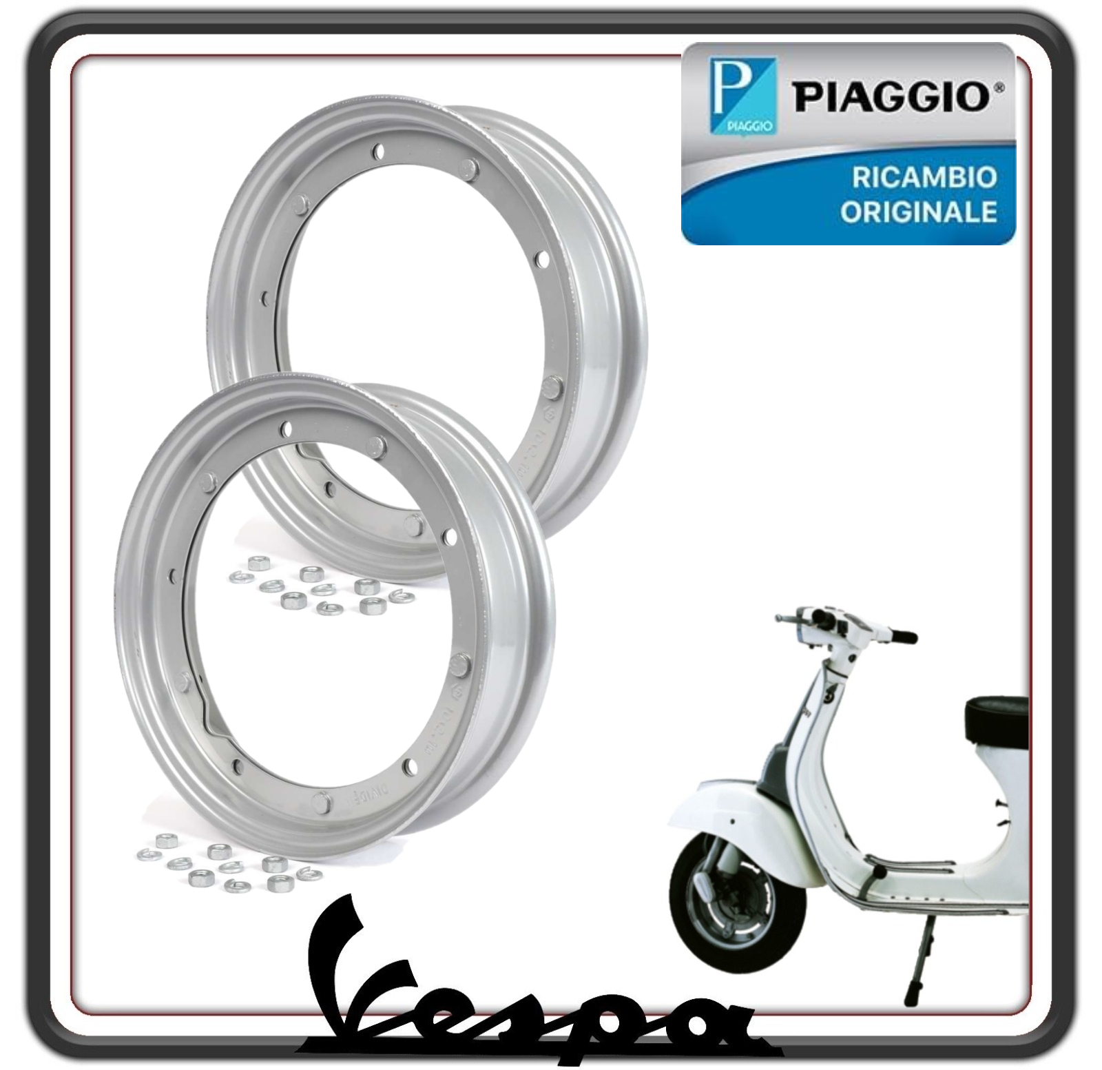 KIT 2 CERCHI CERCHIONI COMPLETI PER PNEUMATICI DA 10 POLLICI 3.00-10 / 3.50-10 PER PIAGGIO VESPA 50 SPECIAL - VESPA PK - VESPA PX ORIGINALE PIAGGIO 0846315