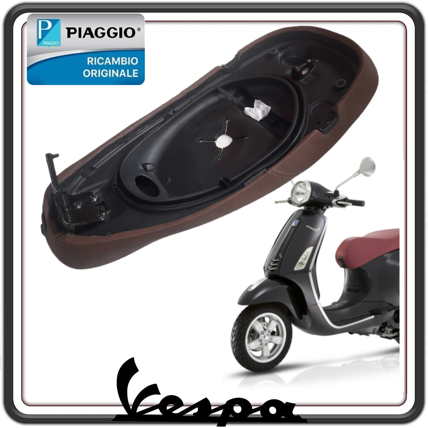 SELLA SEDILE MARRONE SCURO COMPLETA DI CERNIERA PER PIAGGIO VESPA PRIMAVERA 125 DAL 2016 AL 2023 - VESPA PRIMAVERA 150 DAL 2016 AL 2023 ORIGINALE PIAGGIO 67363300D1 
