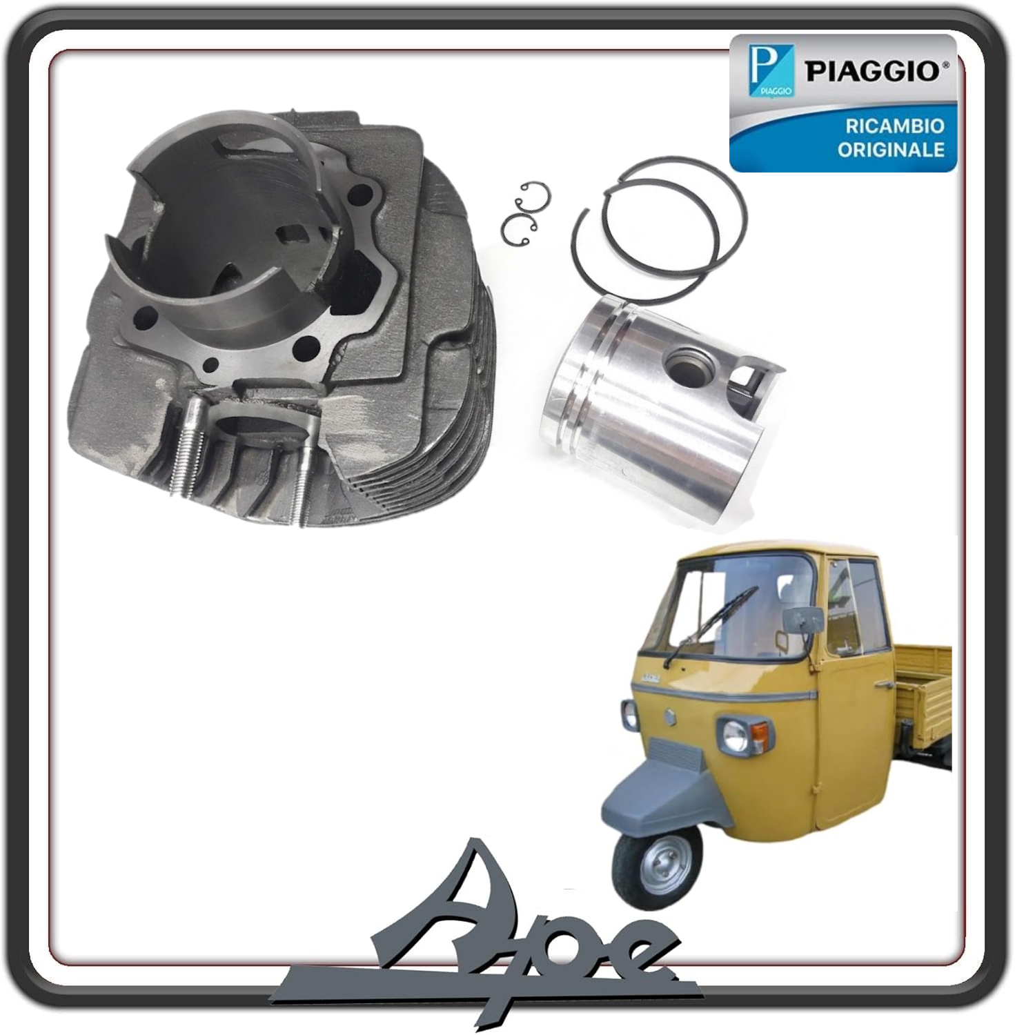 GRUPPO TERMICO CILINDRO E PISTONE COMPLETO DI FASCE ELASTICHE E SPINOTTO 18  PER PIAGGIO APE MP 601-501 DAL 1978 AL 1996 ORIGINALE PIAGGIO 2431175