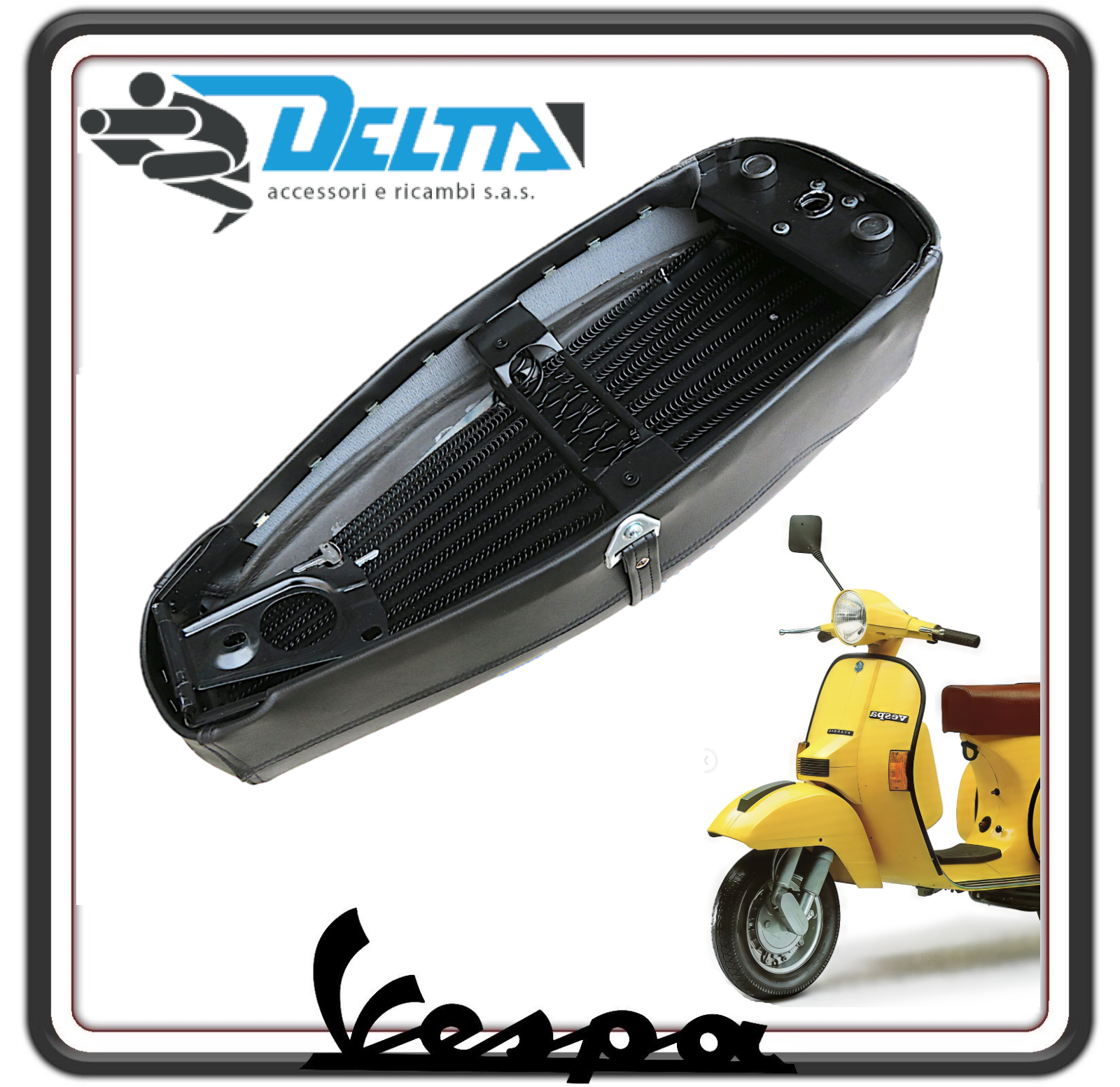 SELLA SELLONE SEDILE LUNGO NERO BIPOSTO CON FONDO CON MOLLE PER PIAGGIO VESPA PX 125-150-200 - ARCOBALENO DAL 1984 IN POI