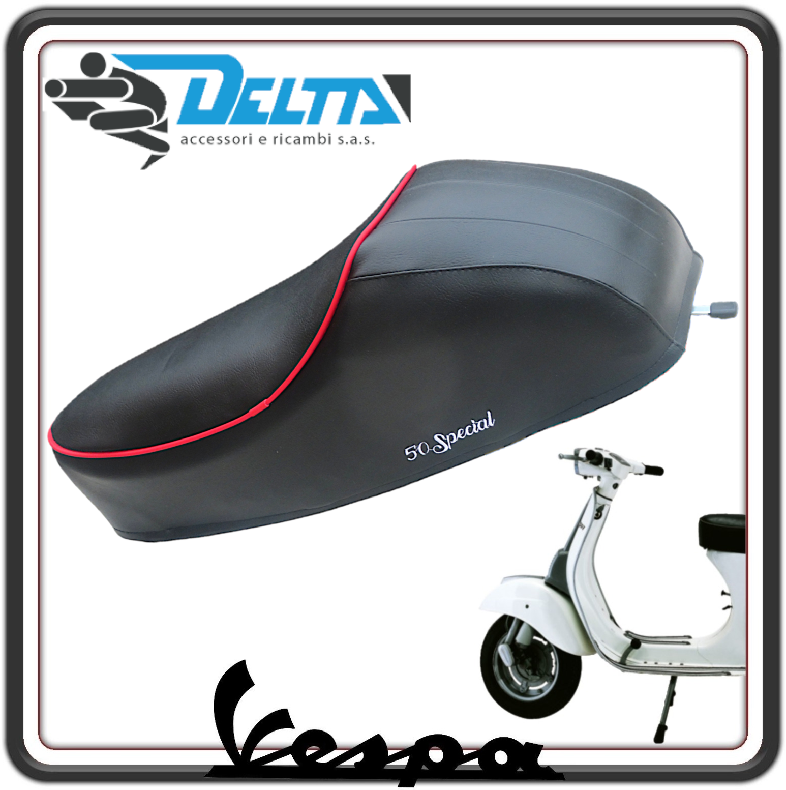 SELLA SELLONE SEDILE NERO E ROSSO CON GOBBA E APERTURA CON LEVETTA PER PIAGGIO VESPA 50 SPECIAL