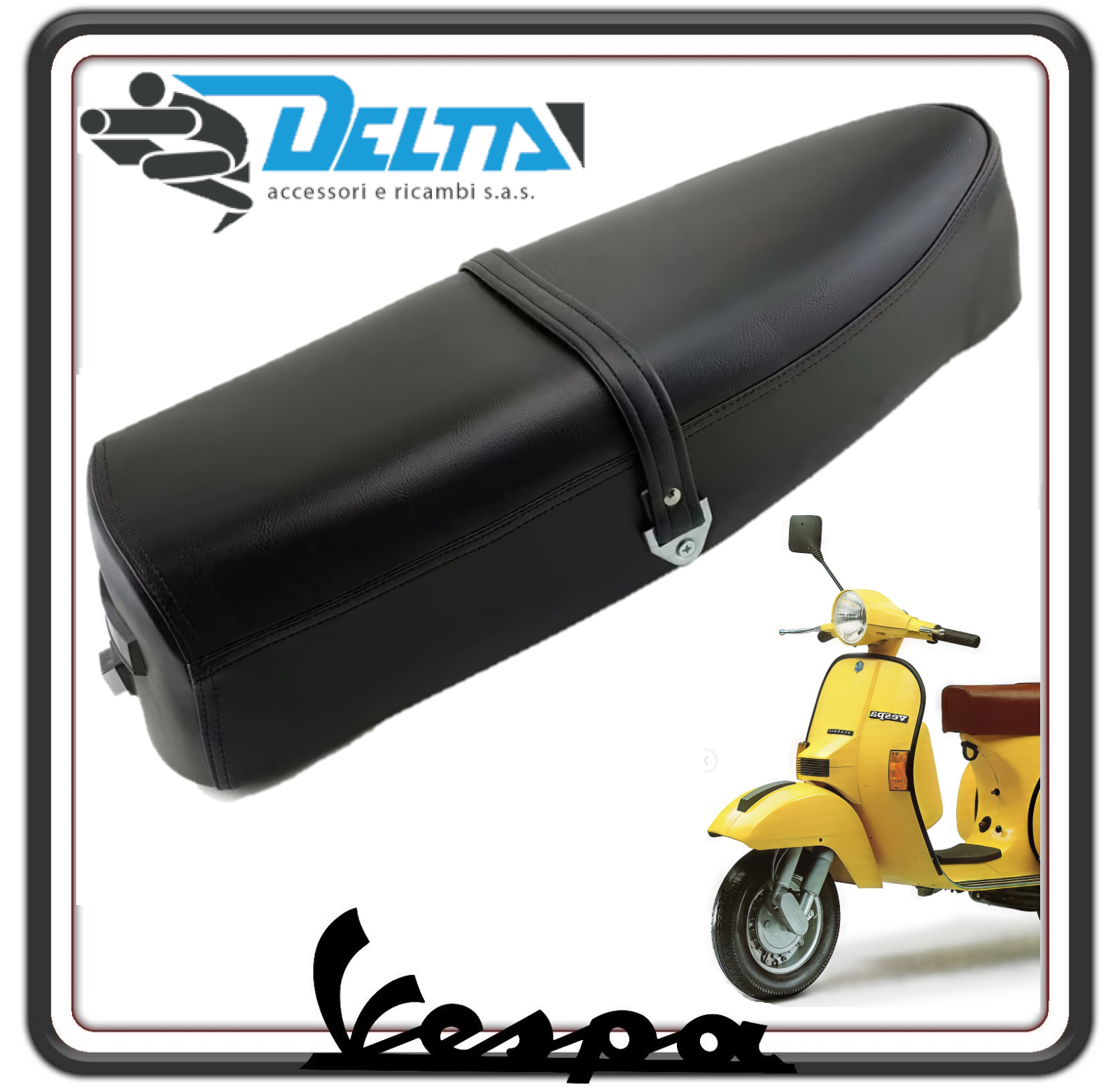 SELLA SELLONE SEDILE LUNGO NERO BIPOSTO CON SEDE TARGHETTA E FONDO CON MOLLE PER PIAGGIO VESPA PX 125-150-200 1° SERIE FINO AL 1983