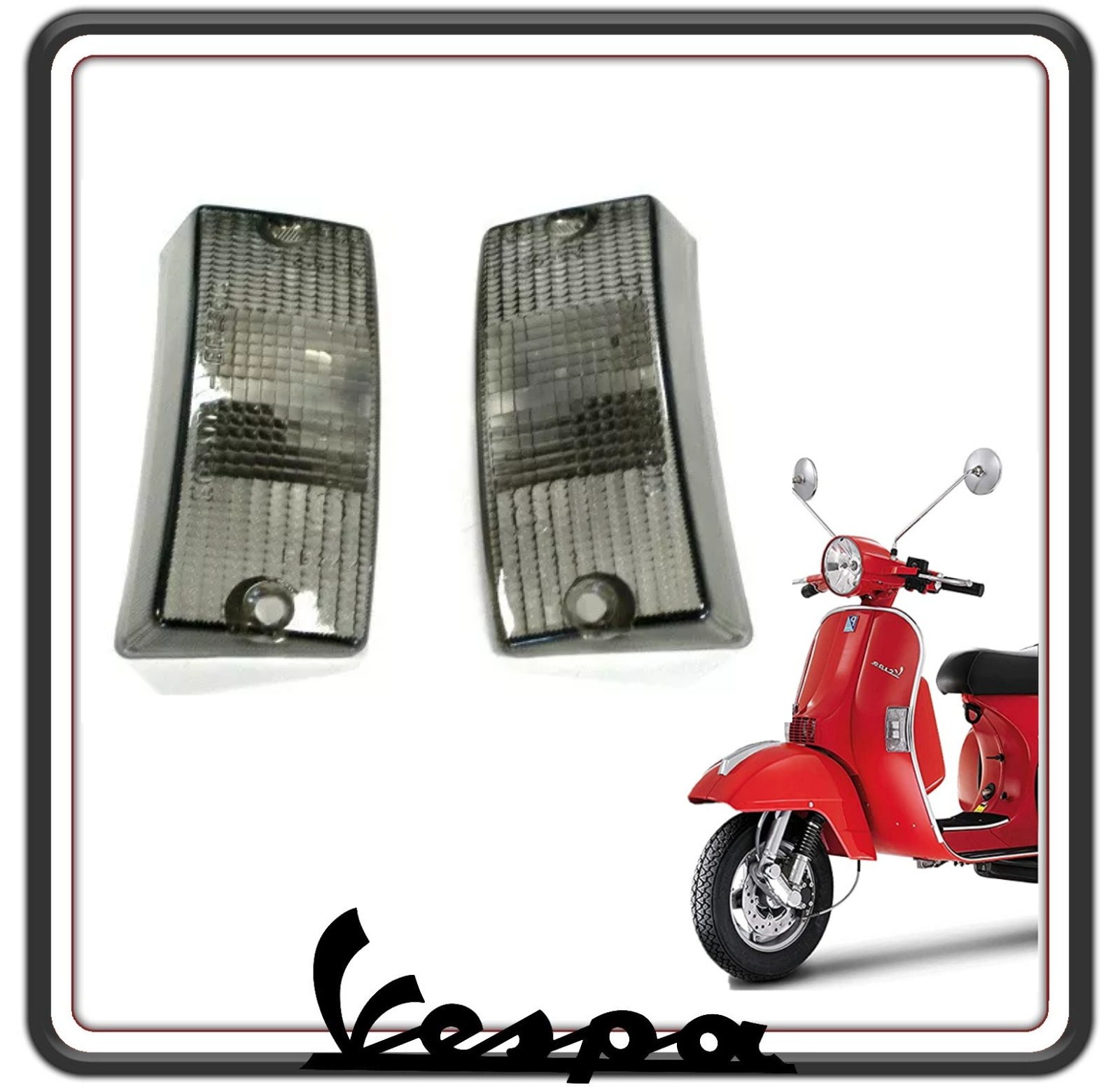 KIT 2 GEMMA GEMME PLASTICA PLASTICHE VETRINO VETRINI FRECCIA FRECCE ANTERIORI COLORE FUME' COMPATIBILE CON PIAGGIO VESPA PX 125 150 200 - VESPA LML - VESPA ARCOBALENO