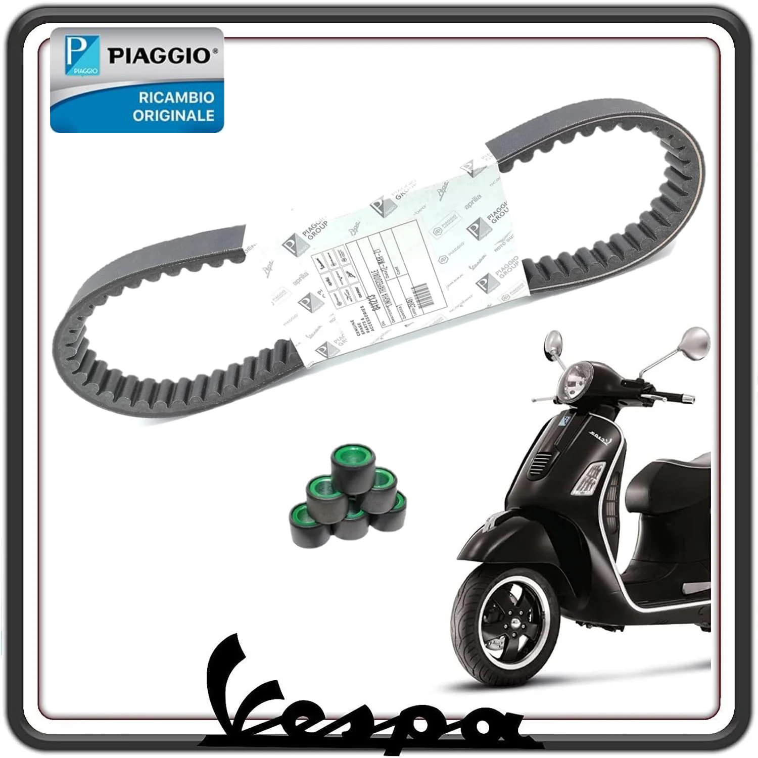 CINGHIA TRASMISSIONE DISTRIBUZIONE VESPA GTS 150 SUPER ie 4T 3V DAL 2014 AL 2017 COMPLETA DI RULLI ORIGINALE PIAGGIO 841213 - B019236