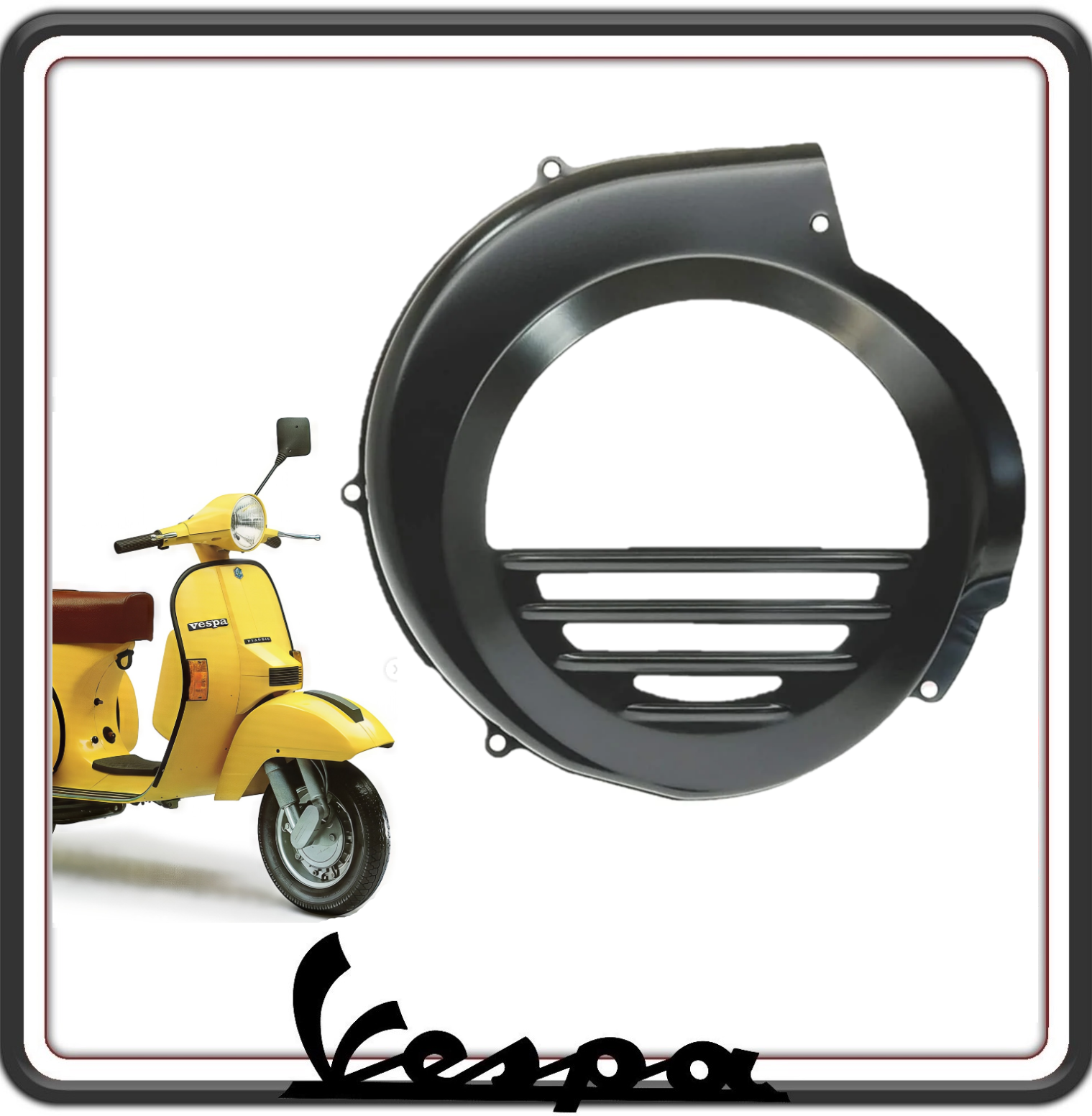 COPRIVENTOLA COPERCHIO VENTOLA COPRIVOLANO COPRI VOLANO COLORE NERO COMPATIBILE PER PIAGGIO VESPA PX TUTTI I MODELLI SENZA FRENO A DISCO FINO AL 1997 - VESPA ARCOBALENO SENZA FRENO A DISCO.