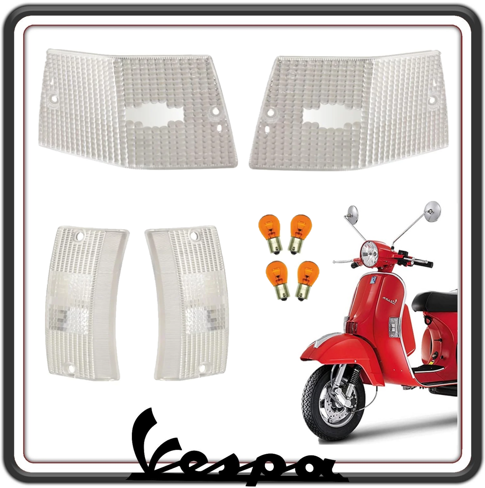 KIT 4 GEMMA GEMME PLASTICA PLASTICHE VETRINO FRECCIA ANTERIORI E POSTERIORI BIANCHE COMPLETO DI LAMPADINE PER VESPA PX 125 150 200 - VESPA ARCOBALENO - VESPA LML