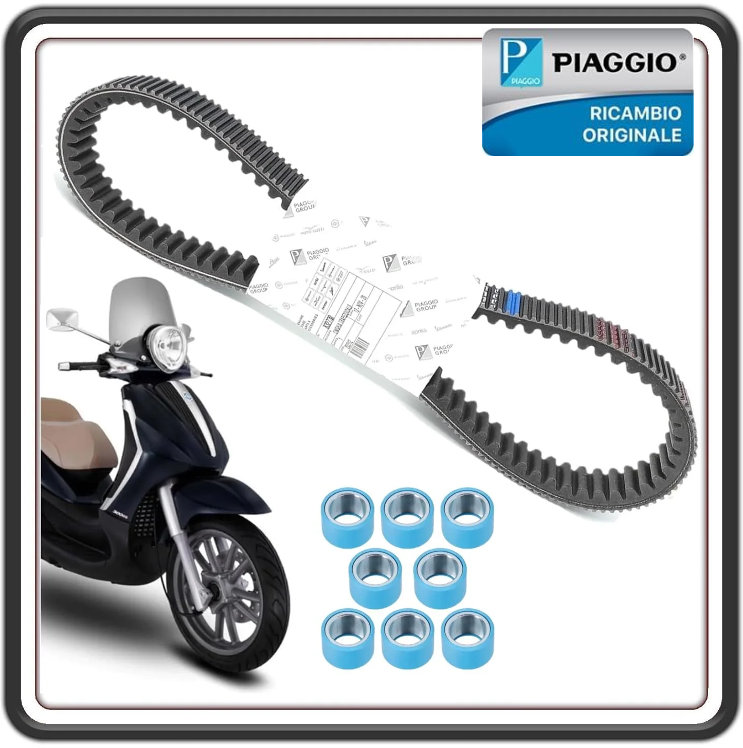 CINGHIA CINTURA TRASMISSIONE DISTRIBUZIONE ORIGINALE PER PIAGGIO BEVERLY 500 - PIAGGIO X9 EVOLUTION - APRILIA SCARABEO LIGHT COMPLETA DI RULLI ORIGINALE PIAGGIO 832738 - 830899