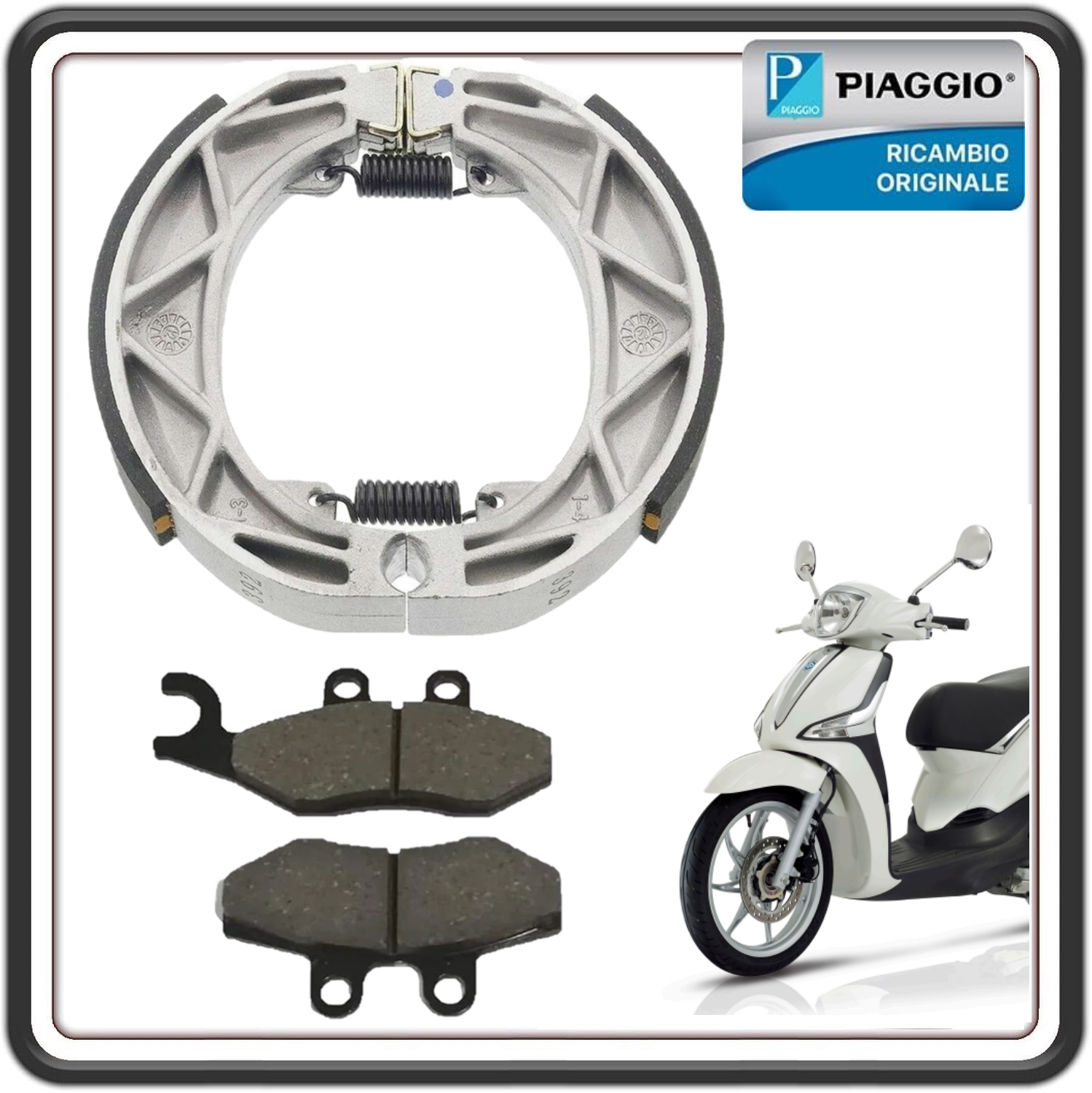 KIT PASTIGLIE FRENO + GANASCE FRENO ANTERIORI E POSTERIORI PER PIAGGIO LIBERTY 125 4T DAL 2013 IN POI - LIBERTY 150 4T DAL 2013 IN POI ORIGINALE PIAGGIO 56294R5 - 651253